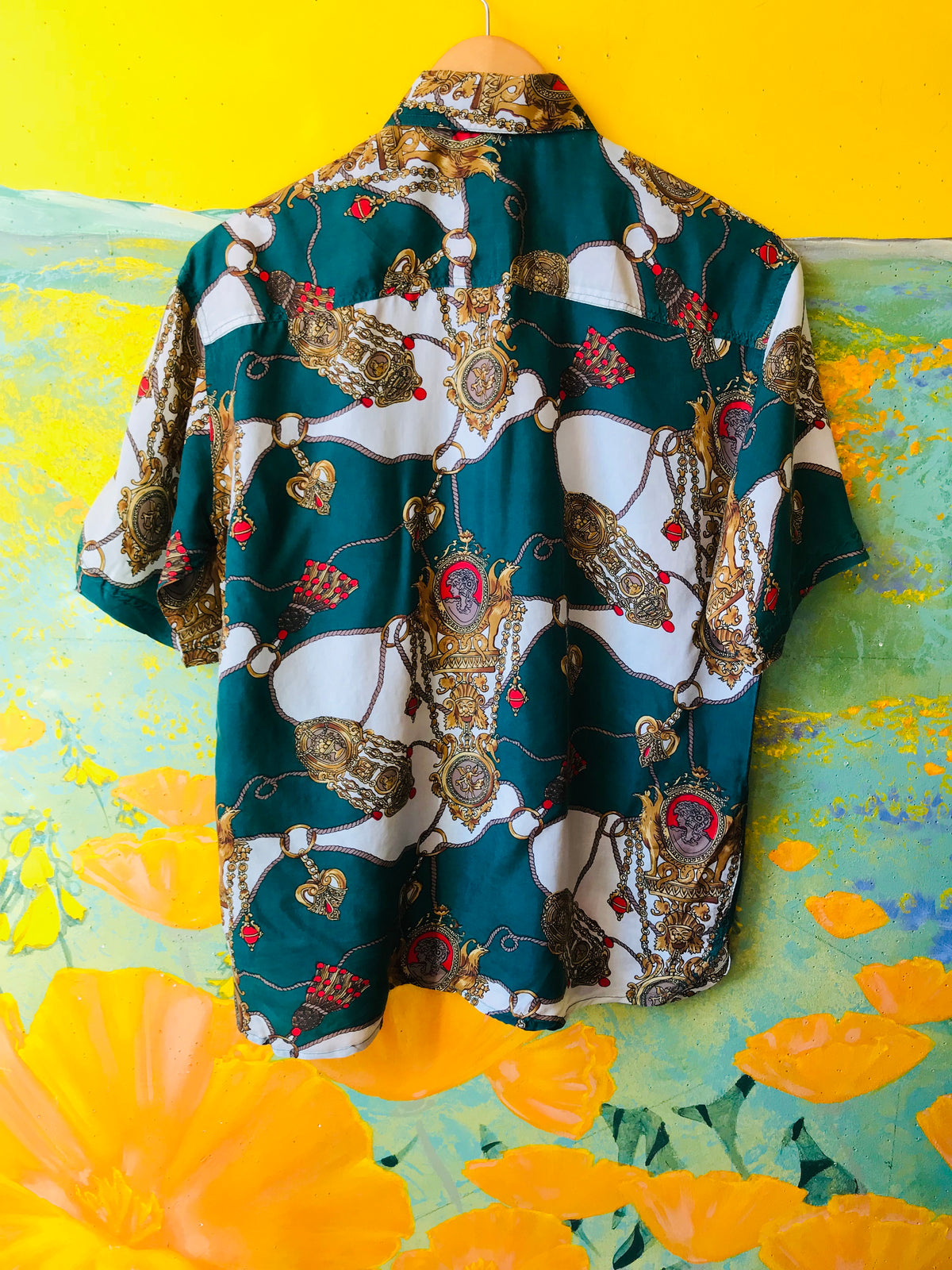 SOLD OUT Empress Signature Silk Royal Goddess Print Button Up Shirt — vintage top in white, gold, green