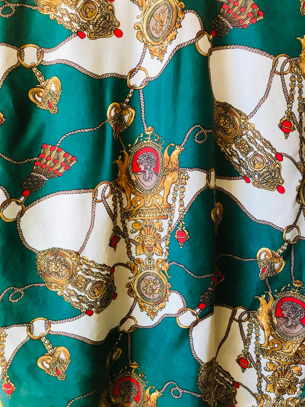 SOLD OUT Empress Signature Silk Royal Goddess Print Button Up Shirt — vintage top in white, gold, green