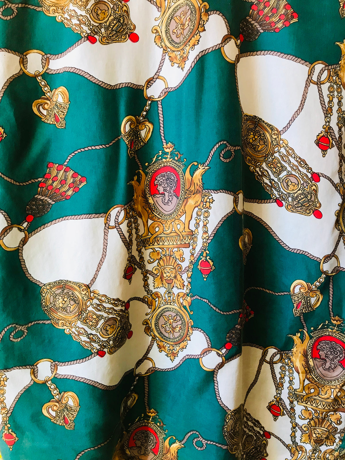 SOLD OUT Empress Signature Silk Royal Goddess Print Button Up Shirt — vintage top in white, gold, green