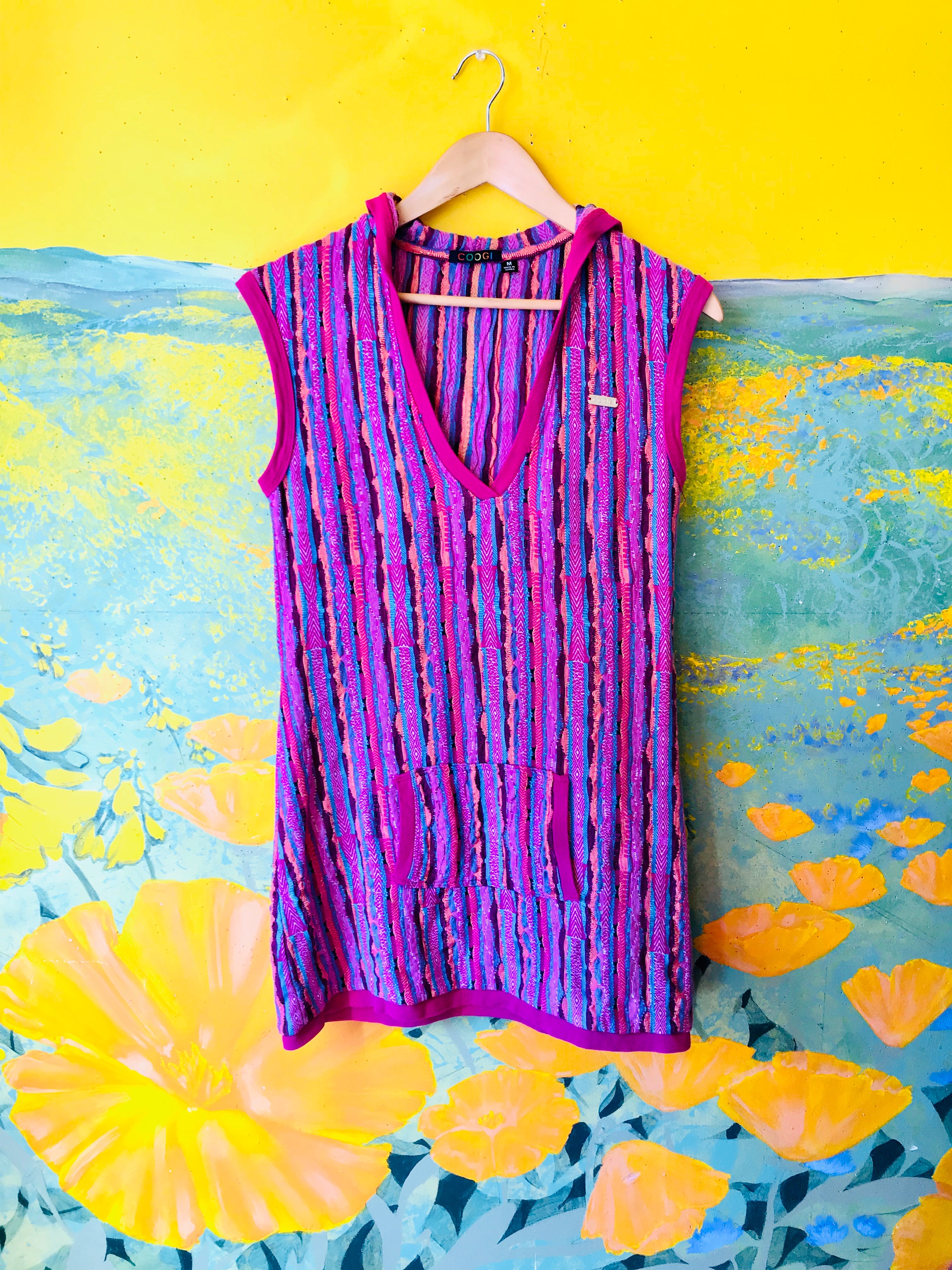 Coogi Pink Colorful Hooded Mini Dress — vintage 1990s Coogi dress in pink
