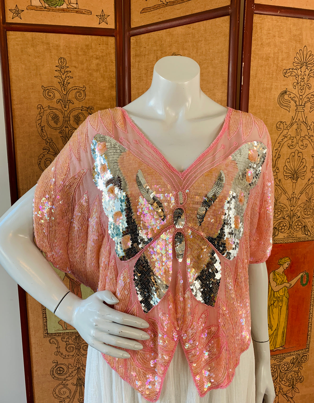 Pink Sequin Butterfly Silk Blouse — vintage 1980s top in pink
