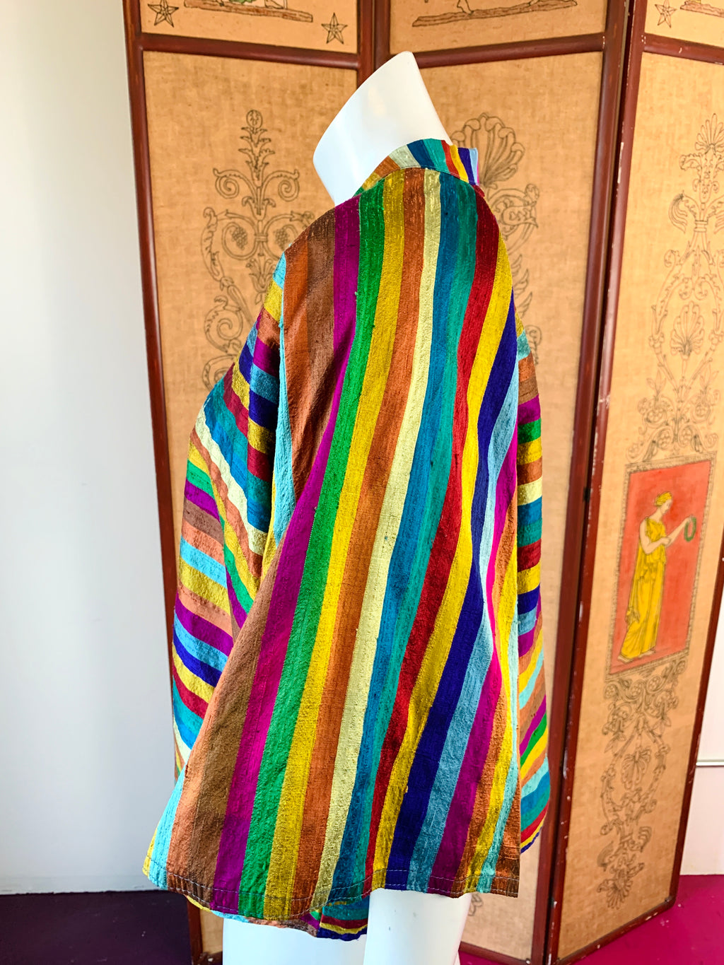 Silk Rainbow Striped Mini Kimono Duster — vintage 1990s Emily Wetherby jacket in multicolour