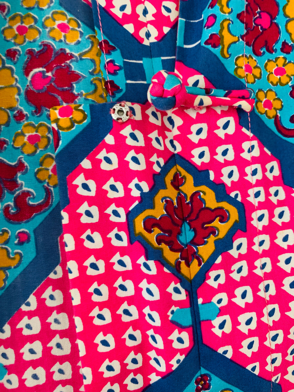 1970s Thai Wild Print Cotton Caftan with Frog Closures — vintage 1970s dress in pink