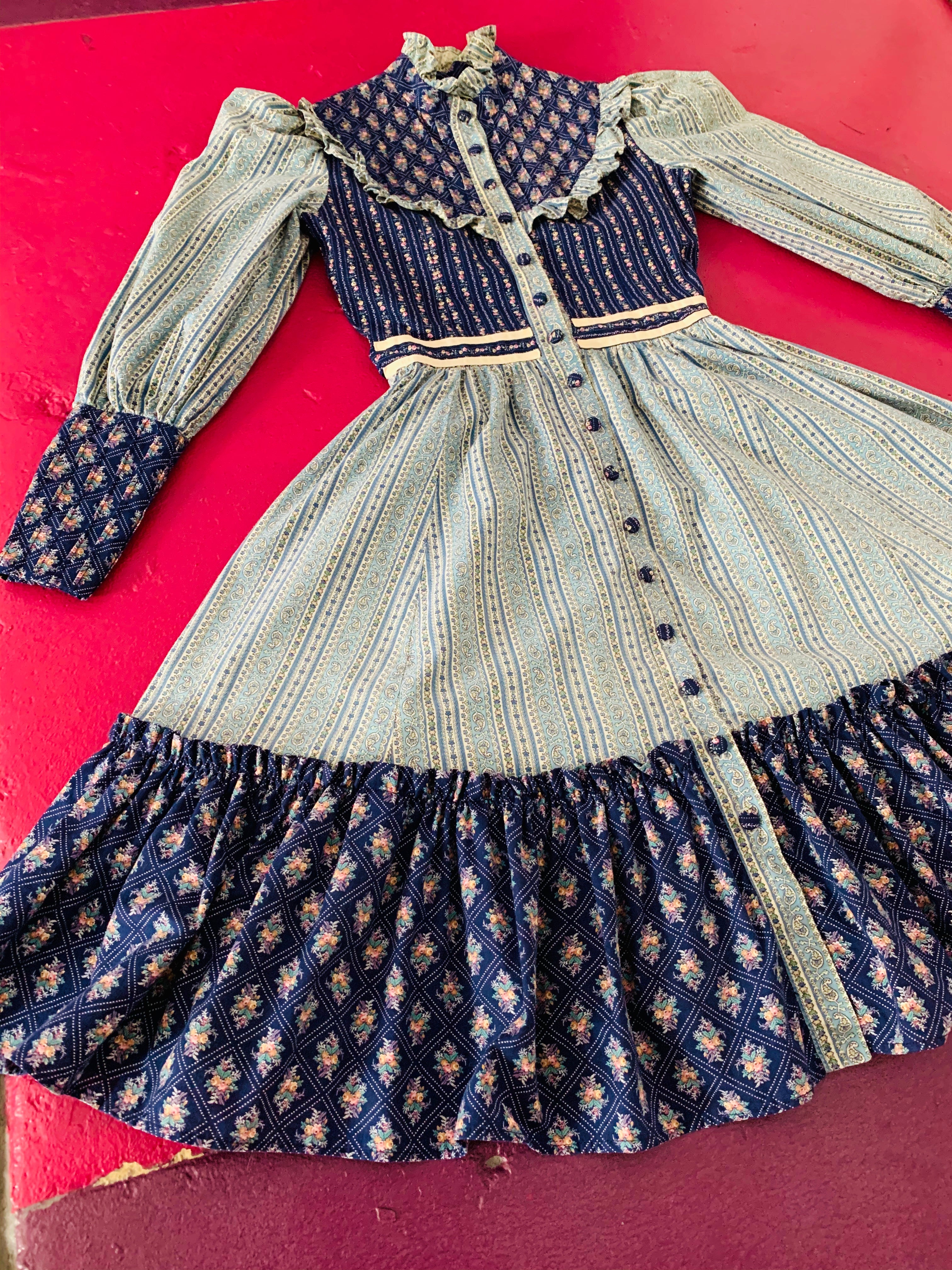Blue Floral 1970s xs Handmade Pintuck Prairie Dress — vintage 1970s dress in blue