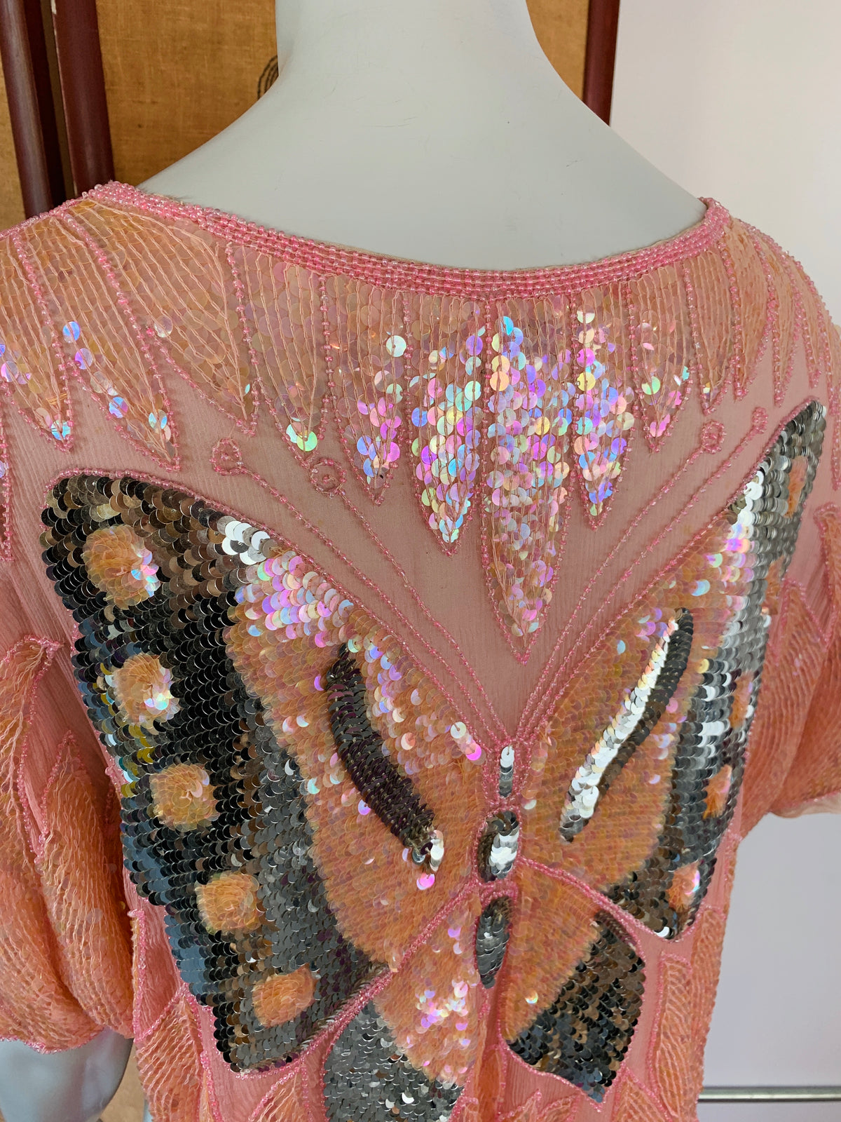Pink Sequin Butterfly Silk Blouse — vintage 1980s top in pink