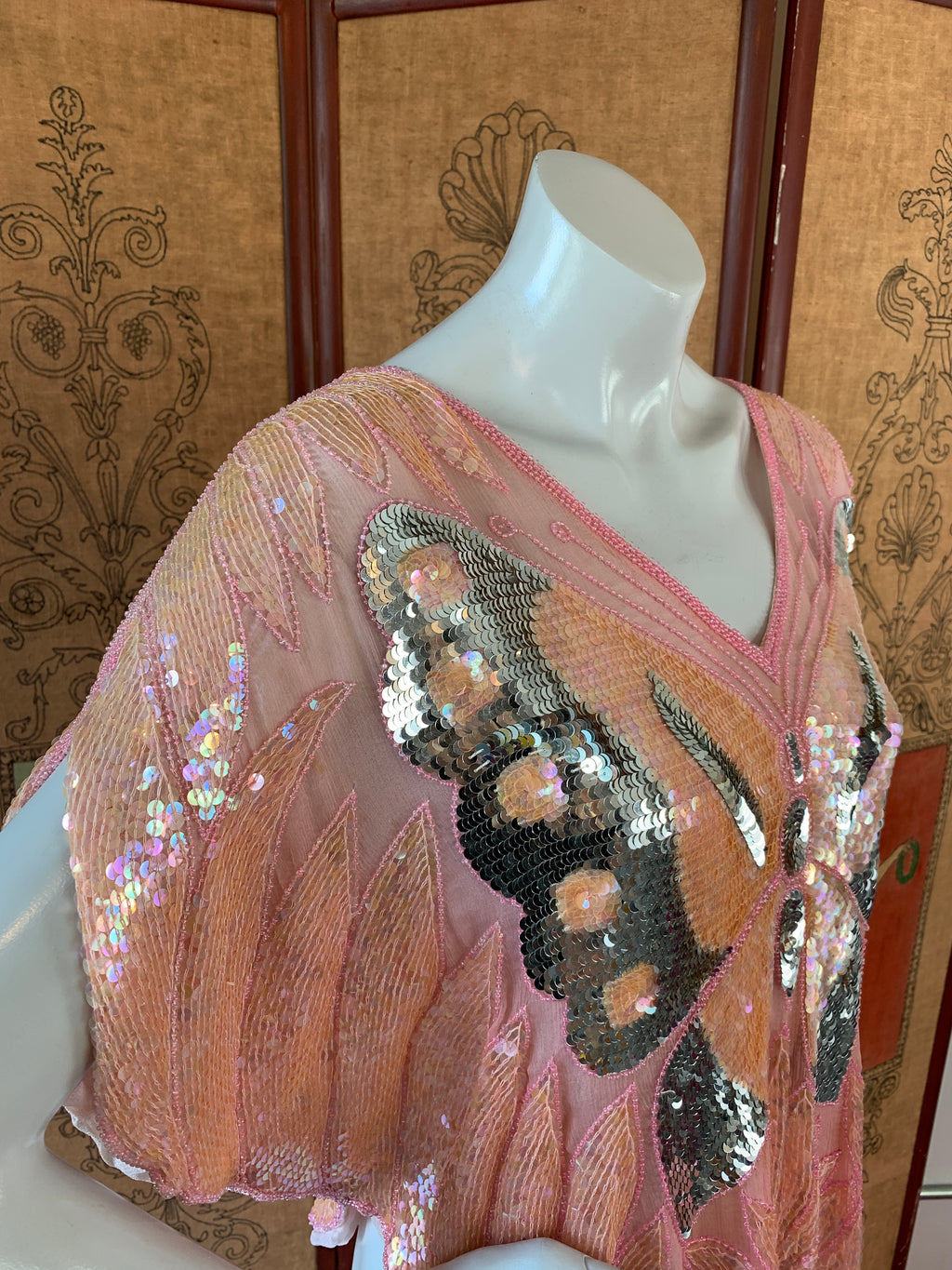 Pink Sequin Butterfly Silk Blouse — vintage 1980s top in pink