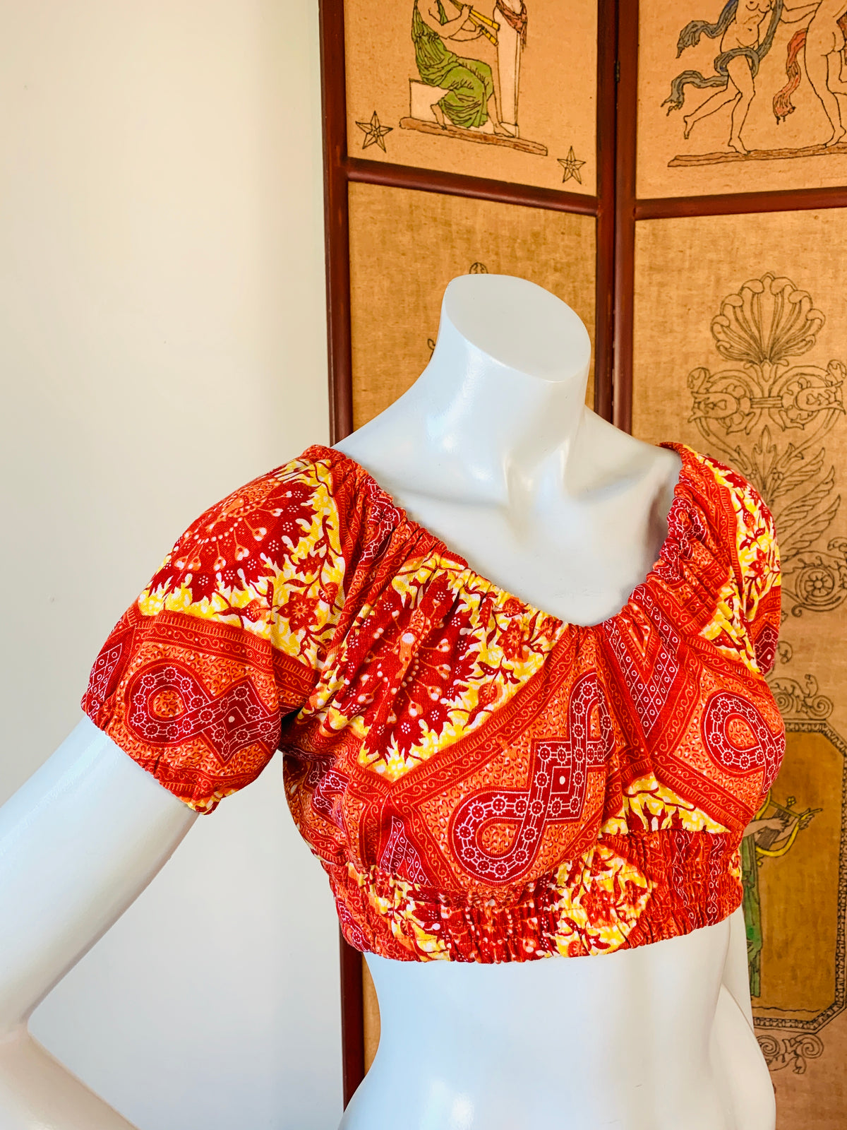 Peacock Print Firey Orange Crop Top — vintage top in orange