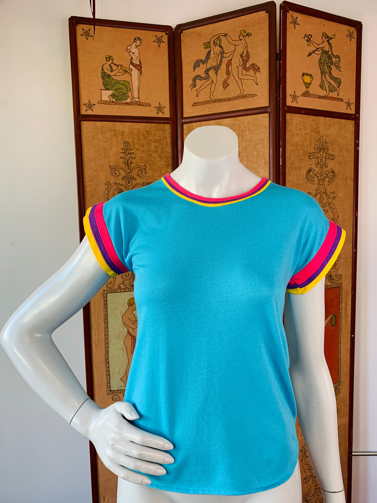 Turquoise Blue T-Shirt with Triple Layered Details — vintage 1990s top in blue