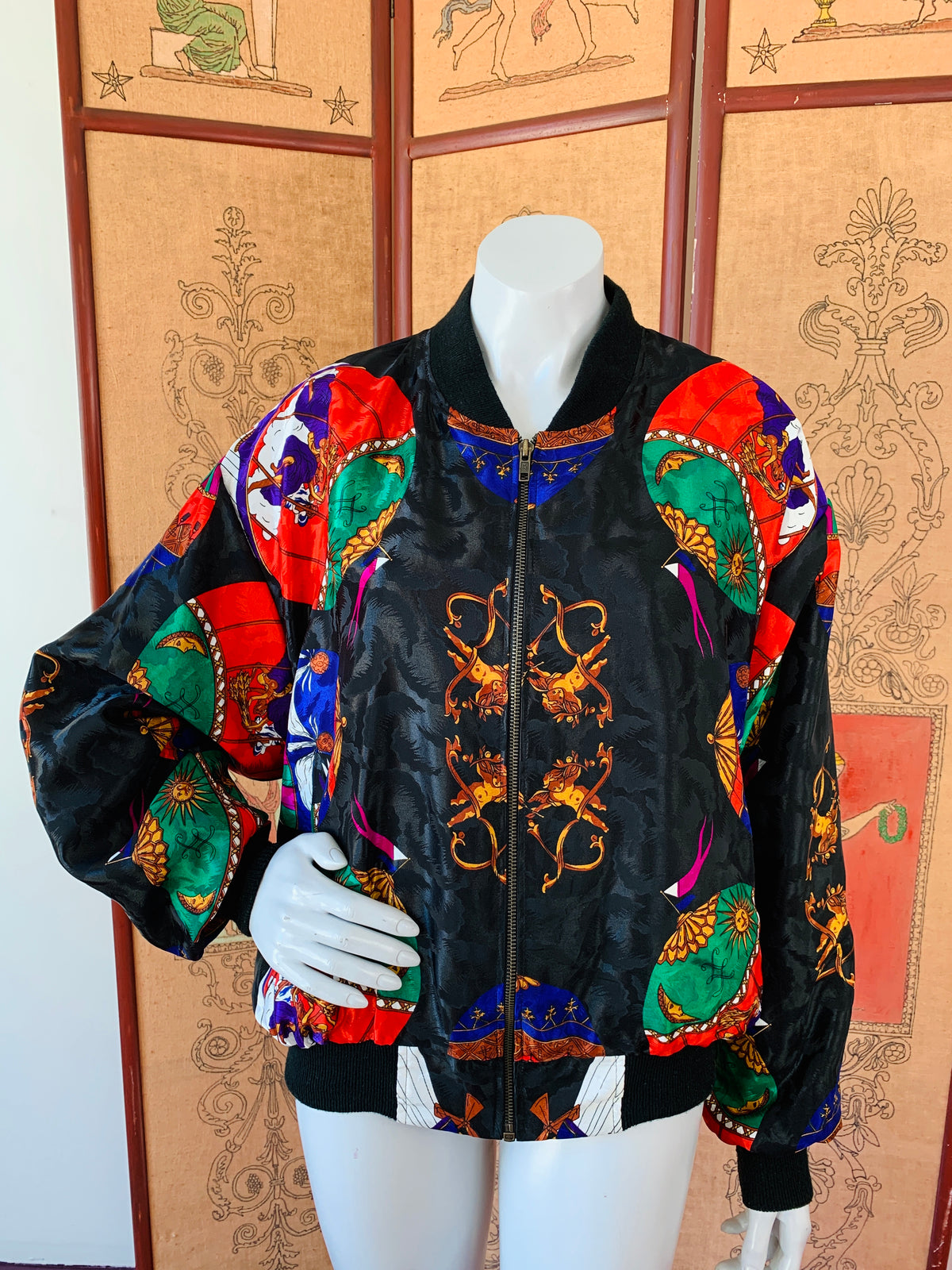 Hot Air Balloon Cherub Print 80s Jacket — vintage 1980s jacket in black, multicolour