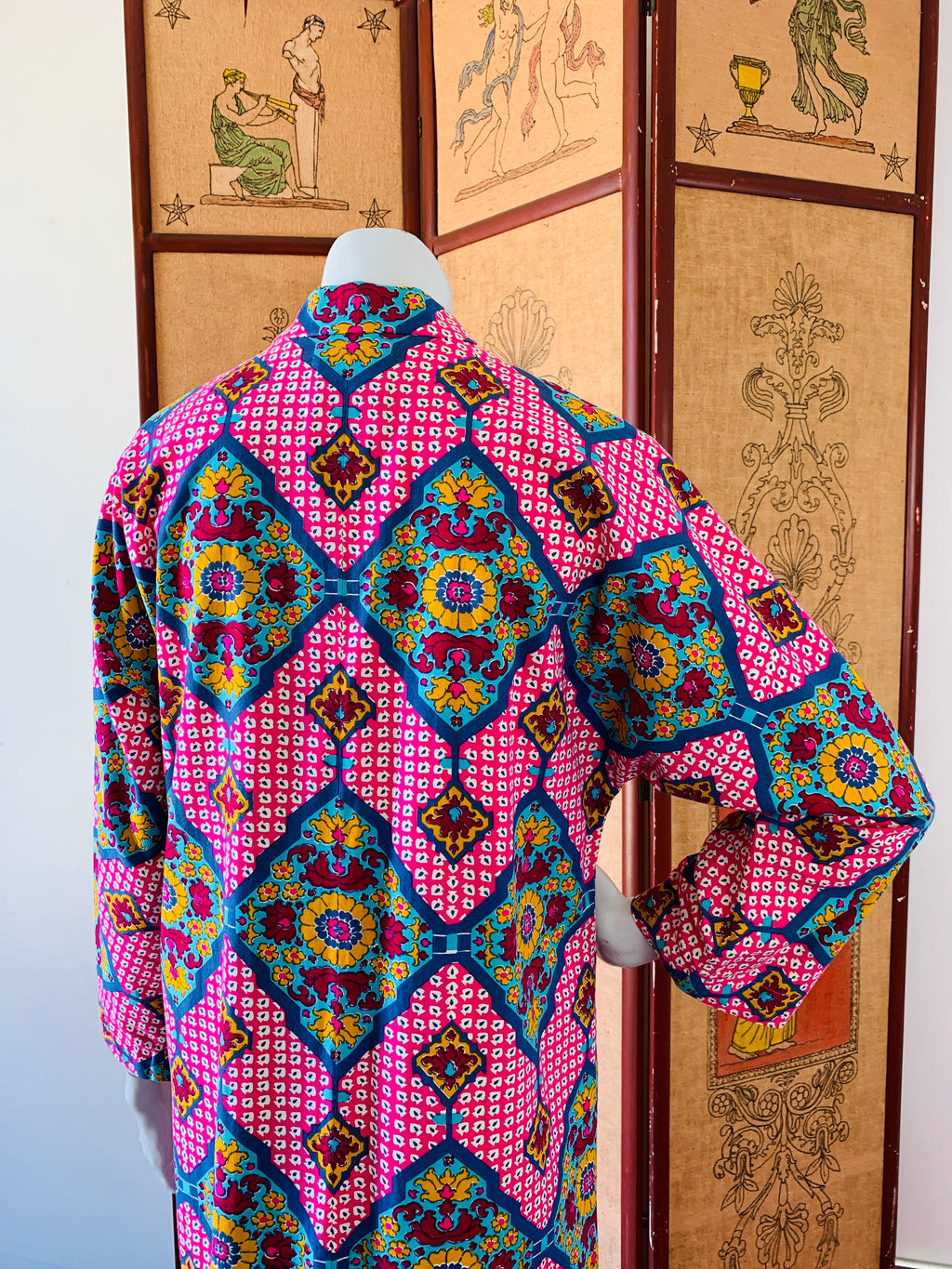 1970s Thai Wild Print Cotton Caftan with Frog Closures — vintage 1970s dress in pink