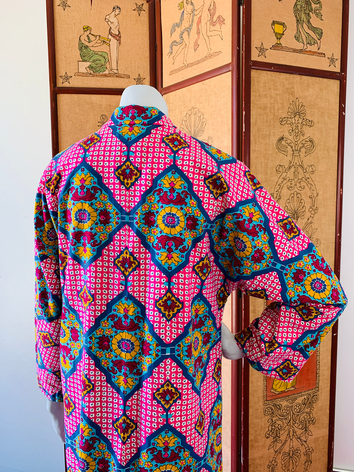 1970s Thai Wild Print Cotton Caftan with Frog Closures — vintage 1970s dress in pink