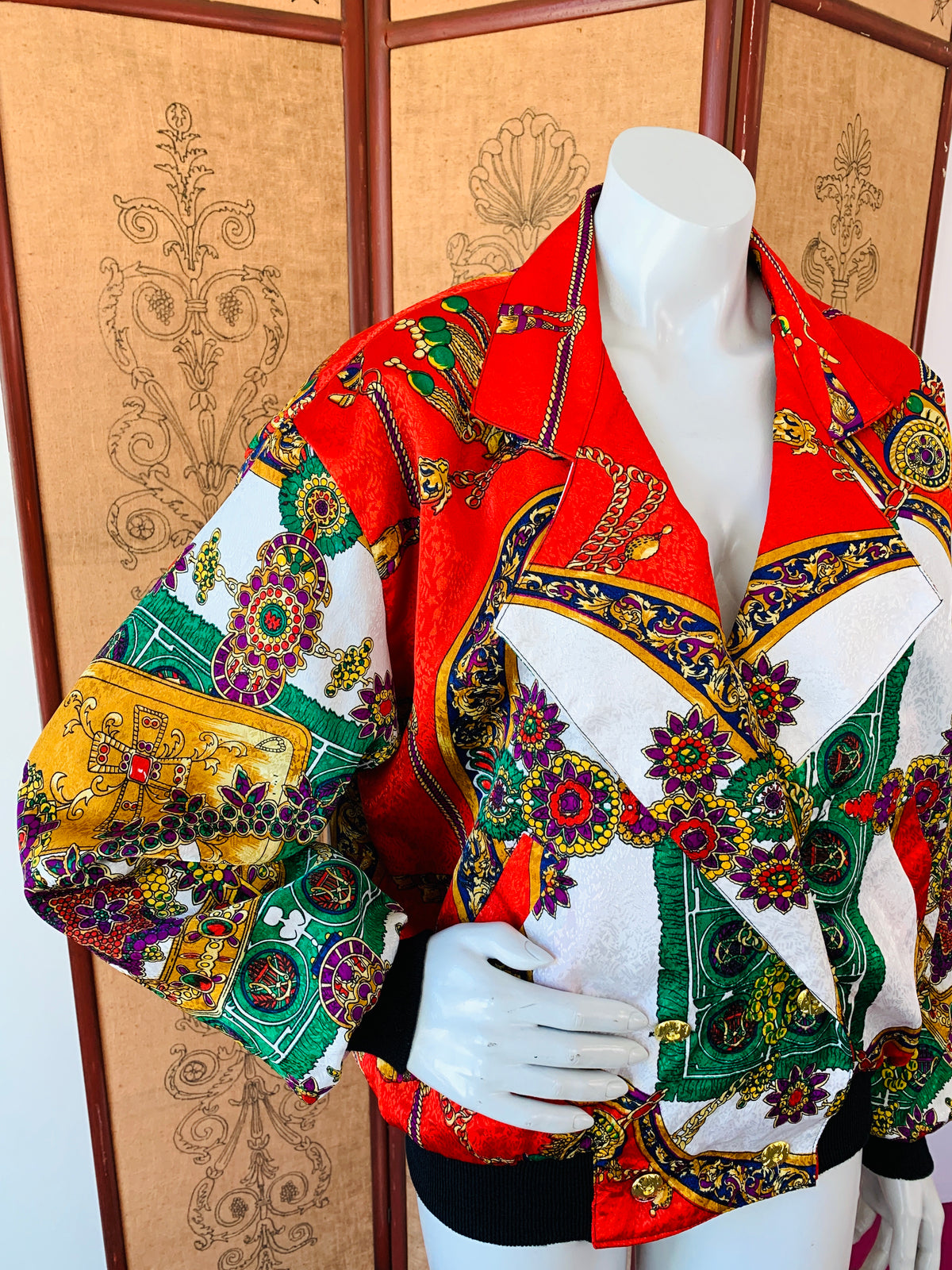 Royal Treasure Print 80s Jacket — vintage 1980s jacket in black, gold