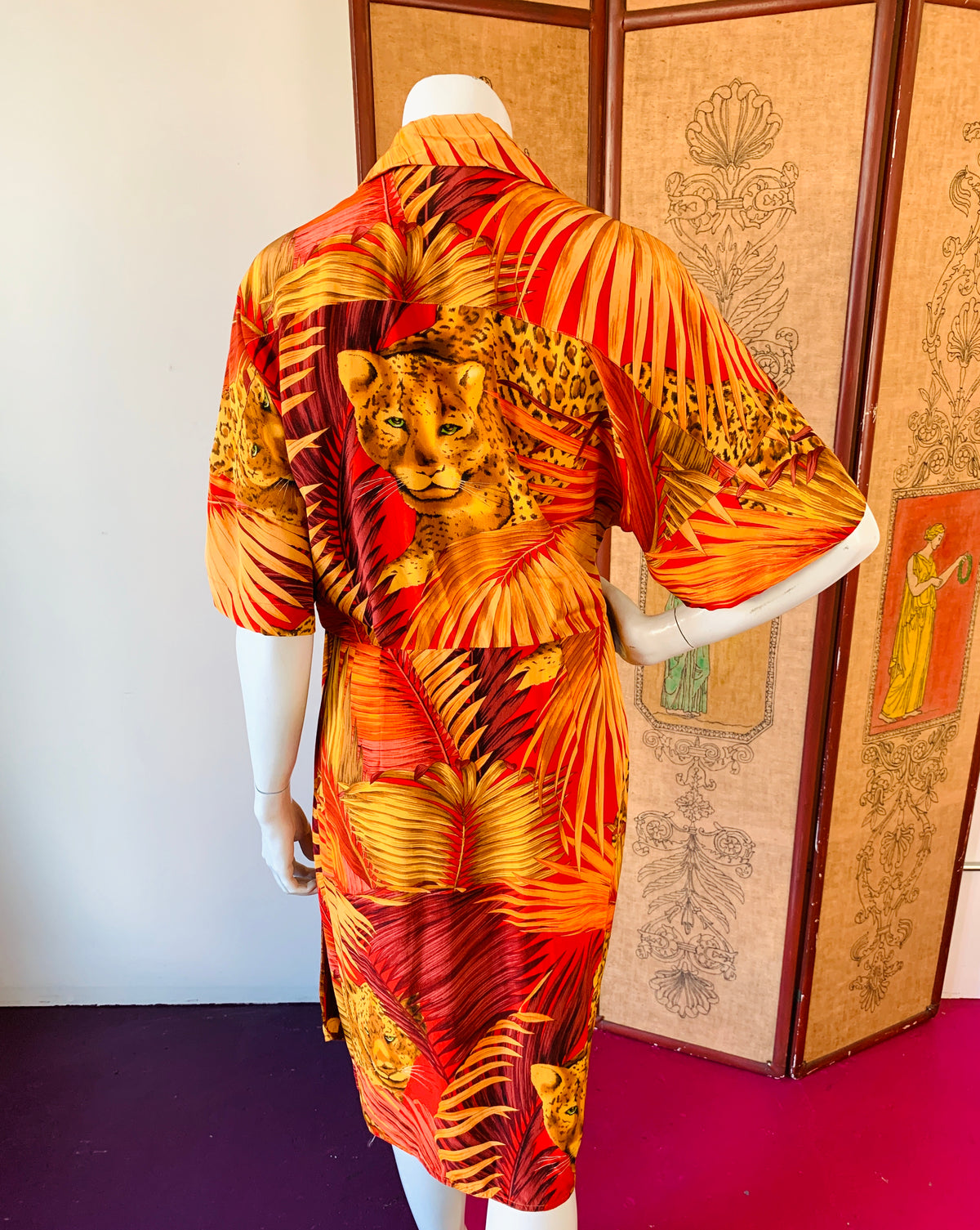 Silk Leopard Print Wrap Dress — vintage 1980s Linda Allard for Ellen Tracy dress in red, orange, brown