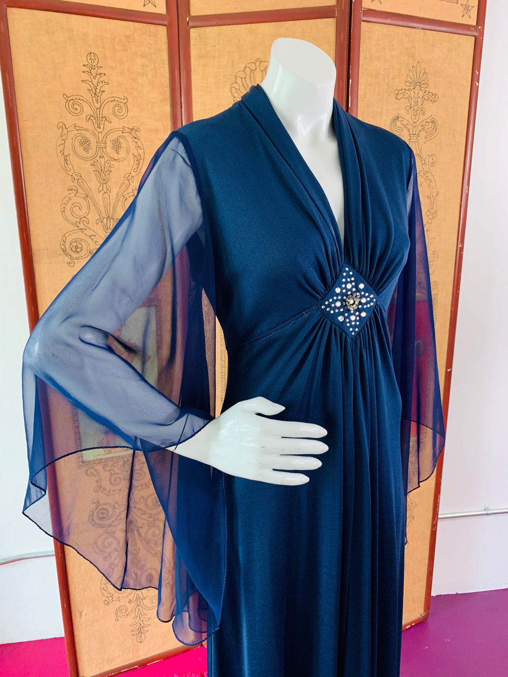 Dark Blue Angelic 1970s Maxi Dress — vintage 1970s dress in blue