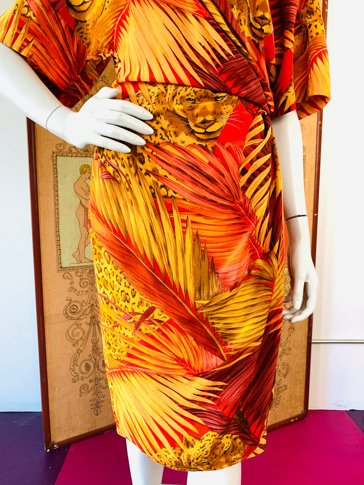 Silk Leopard Print Wrap Dress — vintage 1980s Linda Allard for Ellen Tracy dress in red, orange, brown