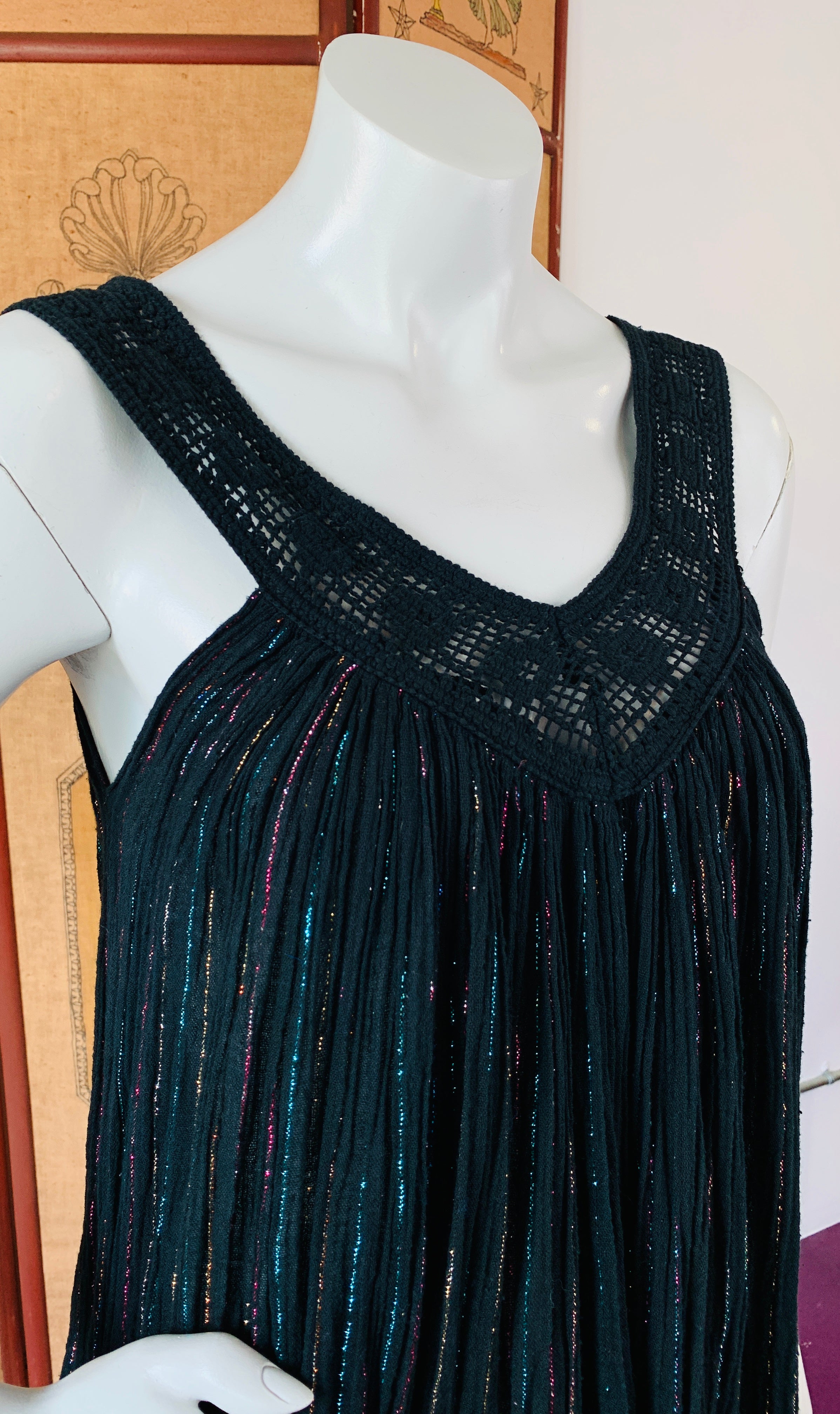1970s Black Rainbow Cotton Gauze Metallic Dress — vintage 1970s dress in black, multicolour