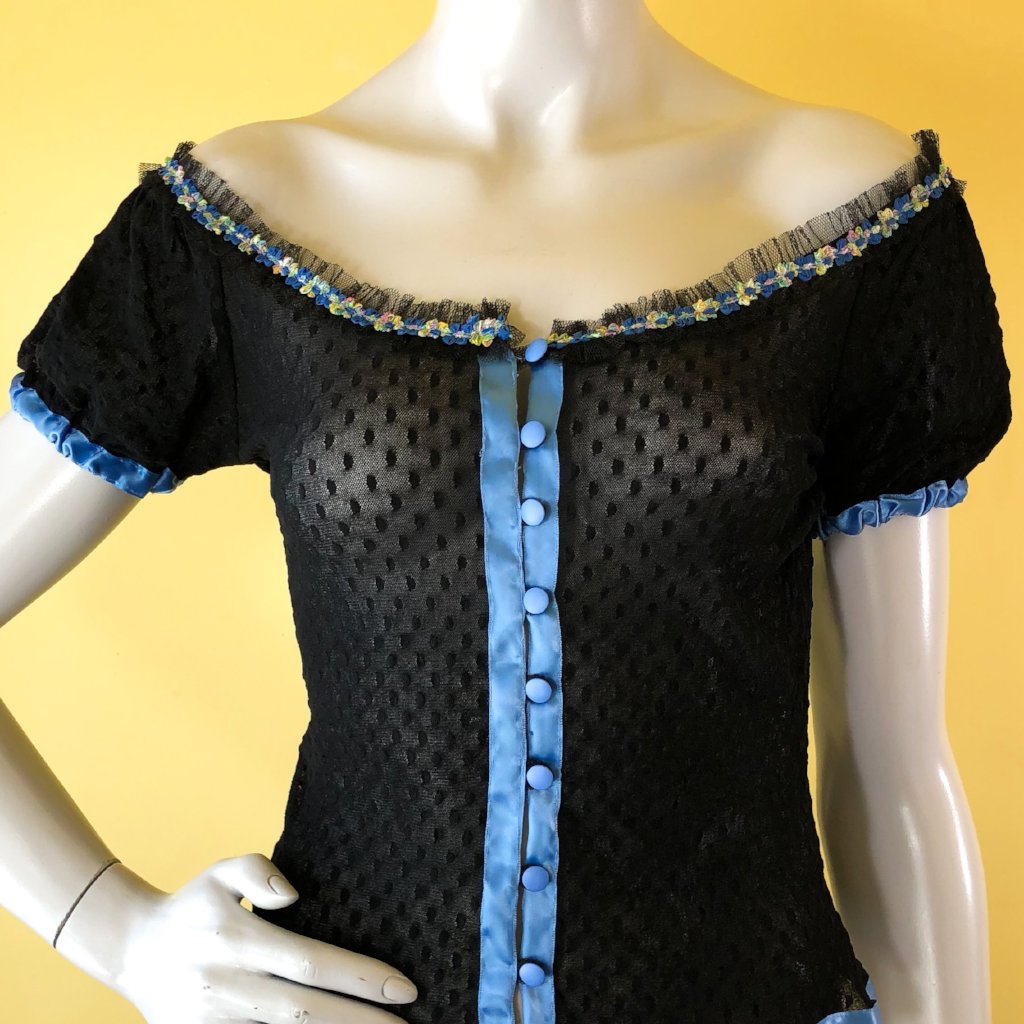 Mesh Lace Betsey Johnson Scoop Neck Blouse — vintage 1990s Betsey Johnson top in black, blue