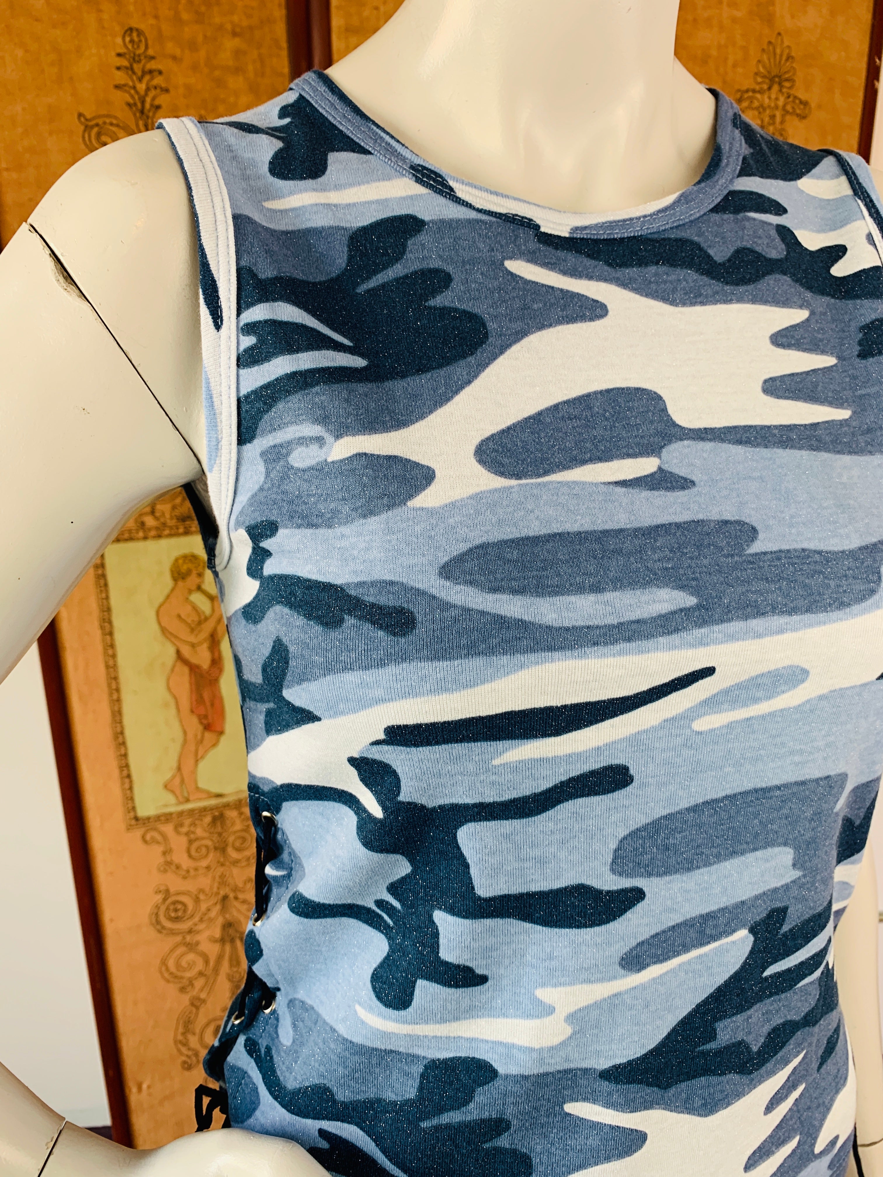 Blue Glitter Y2K Camo Print Top with Lace Up Sides — vintage 2000s top in blue