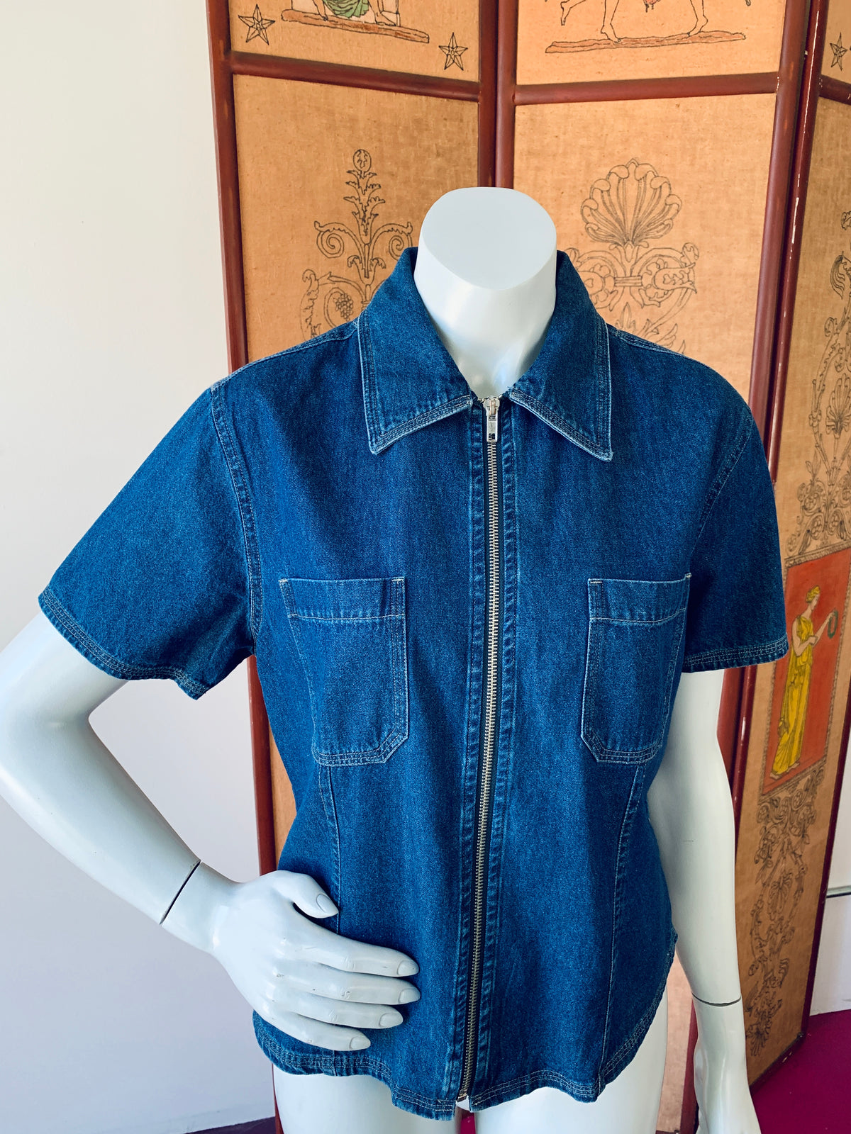 Bill Blass Zip Up Denim Short Sleeve Shirt — vintage Bill Blass top in blue