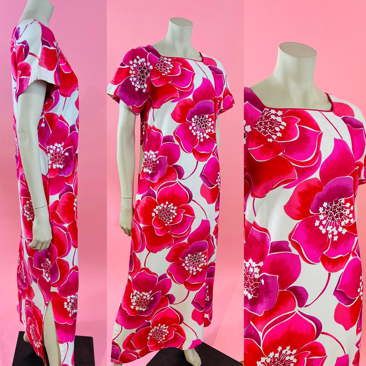 60s/70s Bold Tropical Pink Maxi Dress — vintage 1960s Alice Polynesian Fashions dress in pink