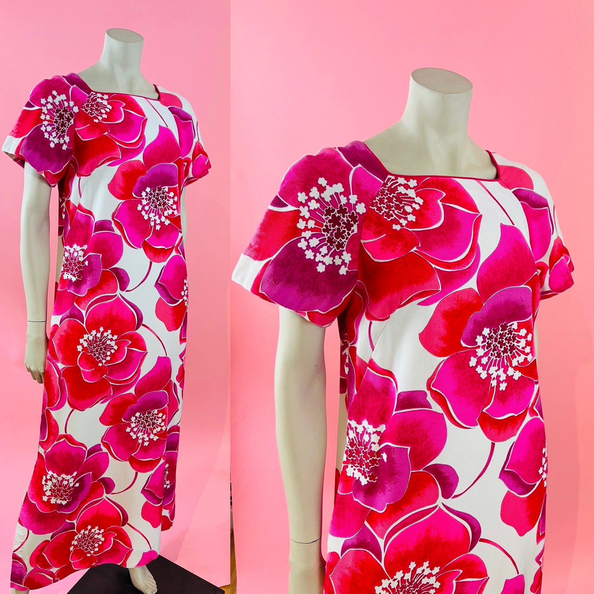 60s/70s Bold Tropical Pink Maxi Dress — vintage 1960s Alice Polynesian Fashions dress in pink