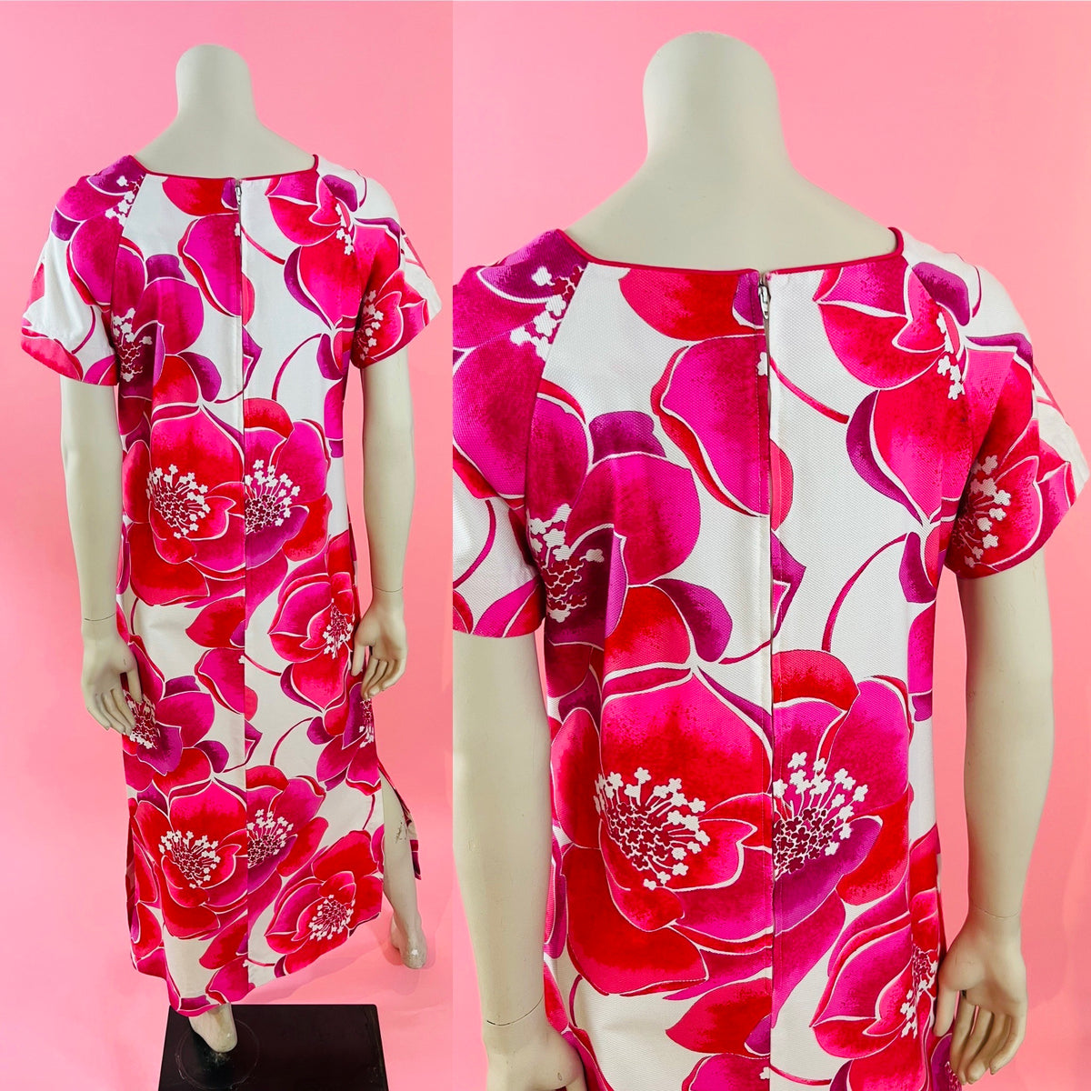 60s/70s Bold Tropical Pink Maxi Dress — vintage 1960s Alice Polynesian Fashions dress in pink