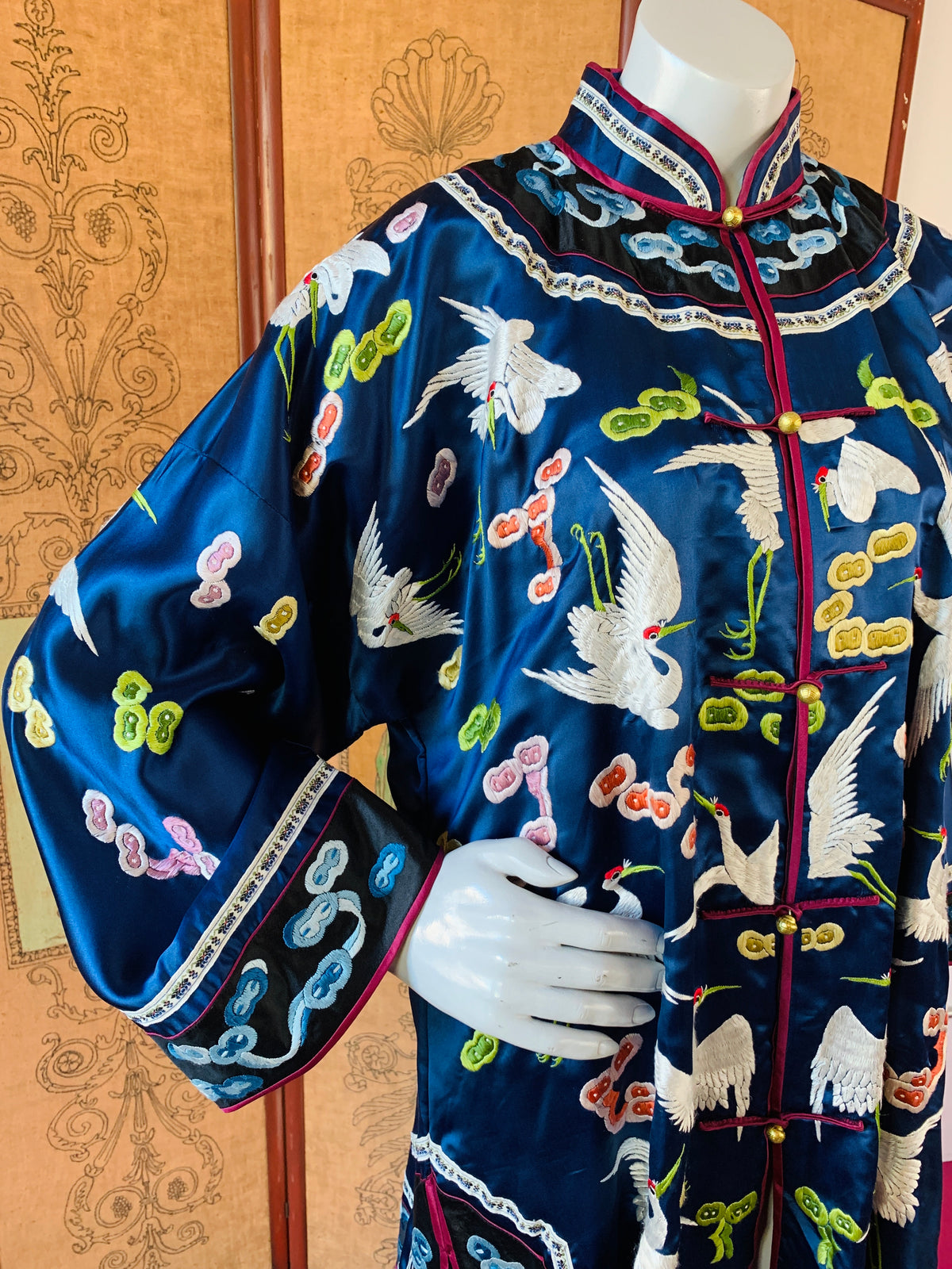 Embroidered Birds & Clouds Silk Chinese Robe — vintage dress in black, gold, blue