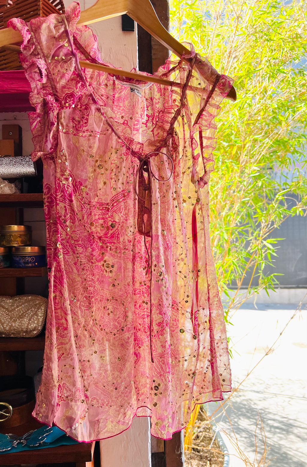 Diane Von Furstenberg Pink Silk Sheer Gold Sequin Tunic — vintage Diane Von Furstenberg caftan in pink, gold