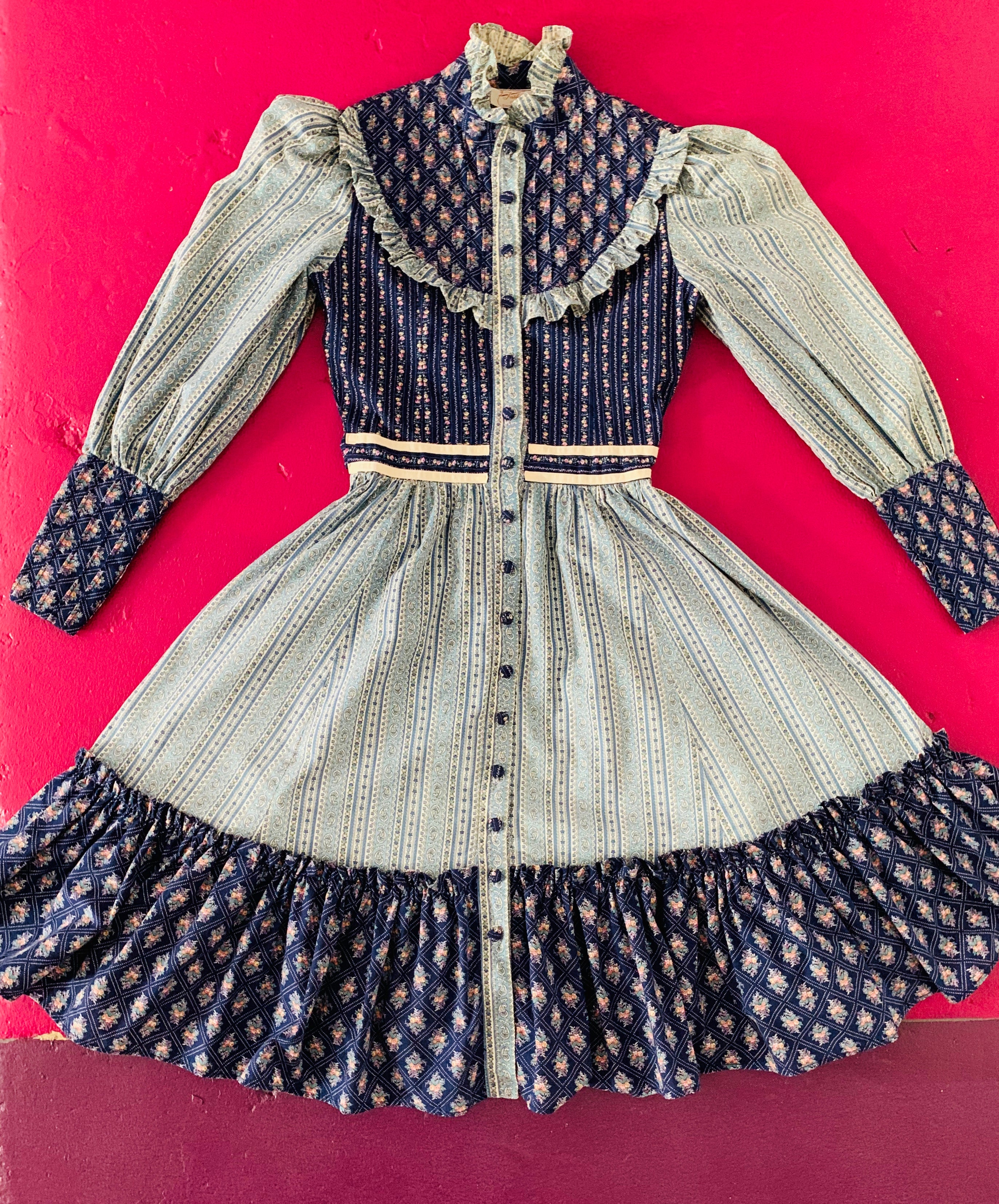 Blue Floral 1970s xs Handmade Pintuck Prairie Dress — vintage 1970s dress in blue
