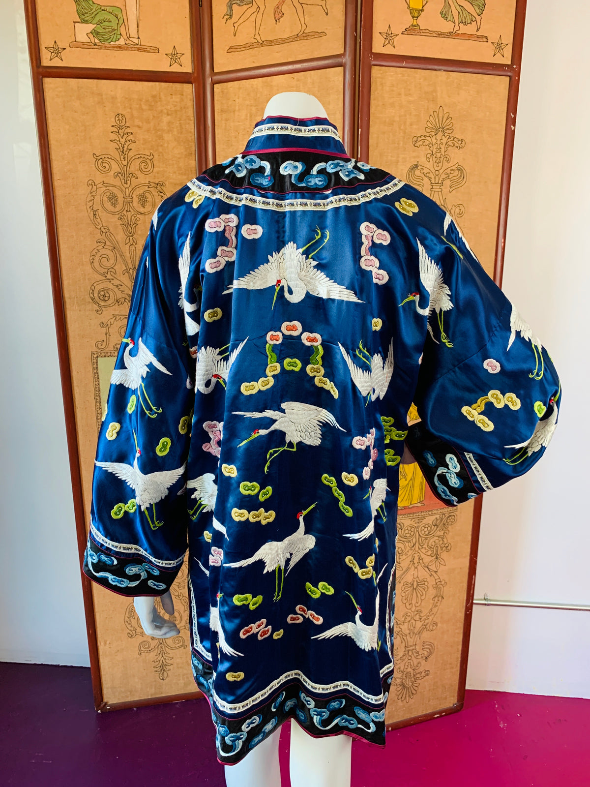 Embroidered Birds & Clouds Silk Chinese Robe — vintage dress in black, gold, blue