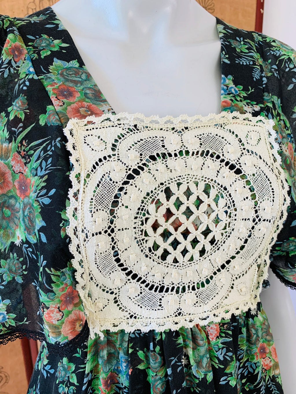 Crochet Detailed 1970s Midnight Floral Flutter Sleeve Maxi Dress — vintage 1970s Candi Jones dress in black