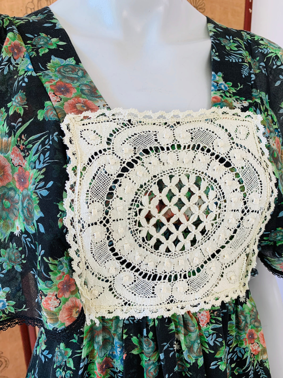 Crochet Detailed 1970s Midnight Floral Flutter Sleeve Maxi Dress — vintage 1970s Candi Jones dress in black