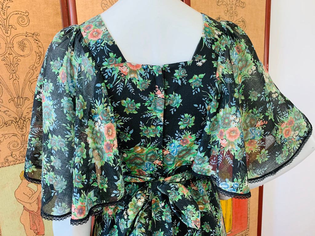 Crochet Detailed 1970s Midnight Floral Flutter Sleeve Maxi Dress — vintage 1970s Candi Jones dress in black