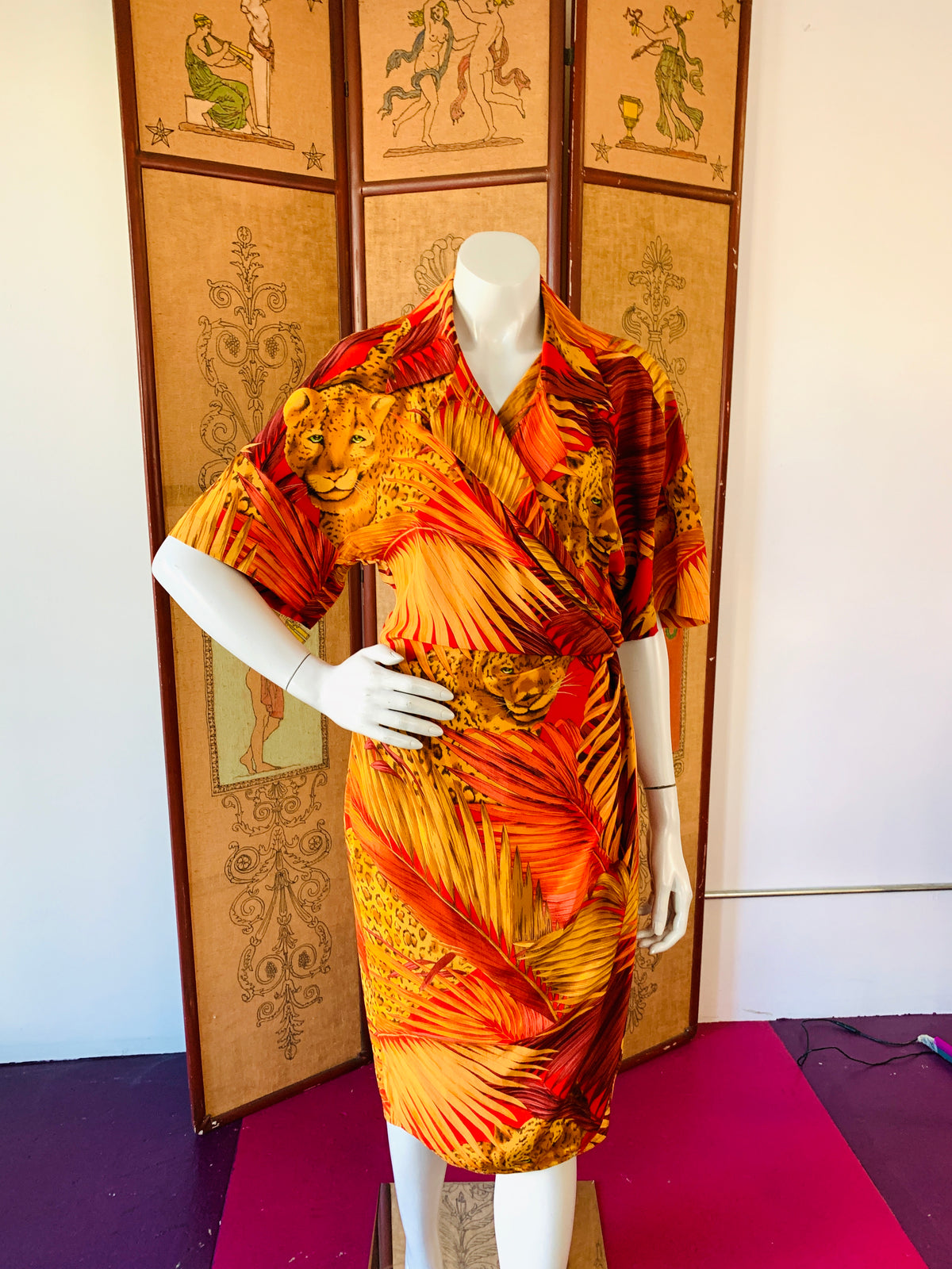 Silk Leopard Print Wrap Dress — vintage 1980s Linda Allard for Ellen Tracy dress in red, orange, brown