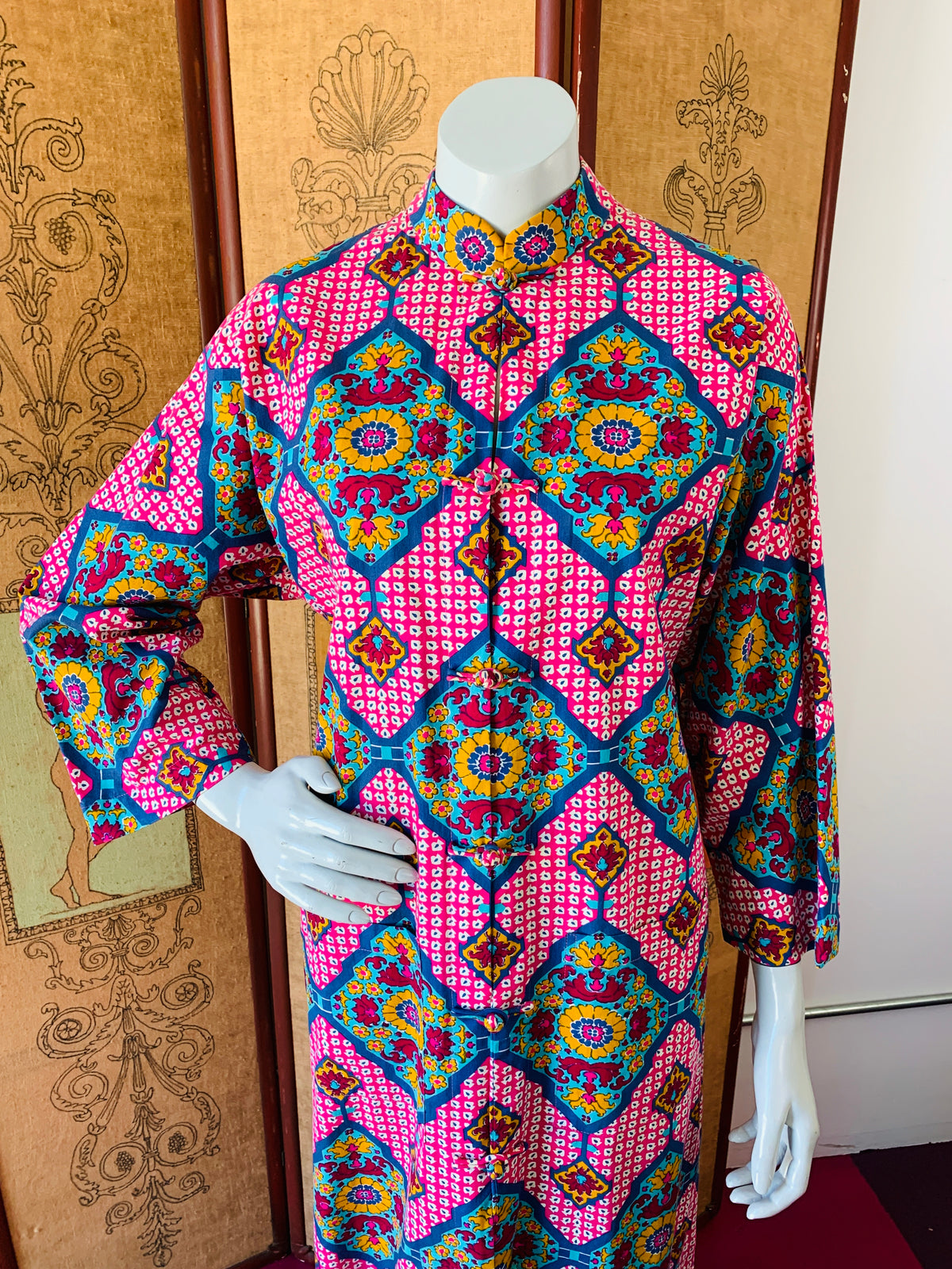 1970s Thai Wild Print Cotton Caftan with Frog Closures — vintage 1970s dress in pink