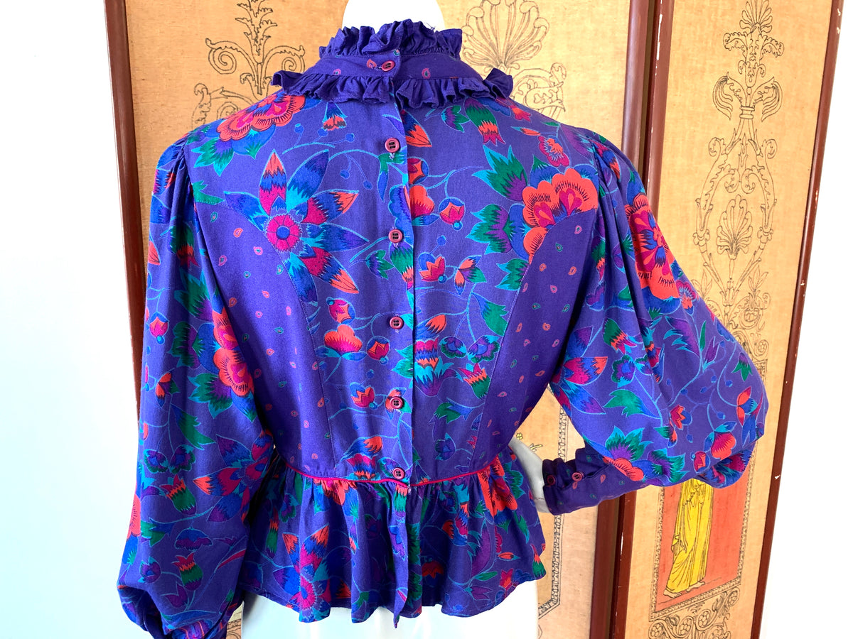 Purple Floral Poet Sleeve Blouse Made in India — vintage 1980s MicheL top in purple