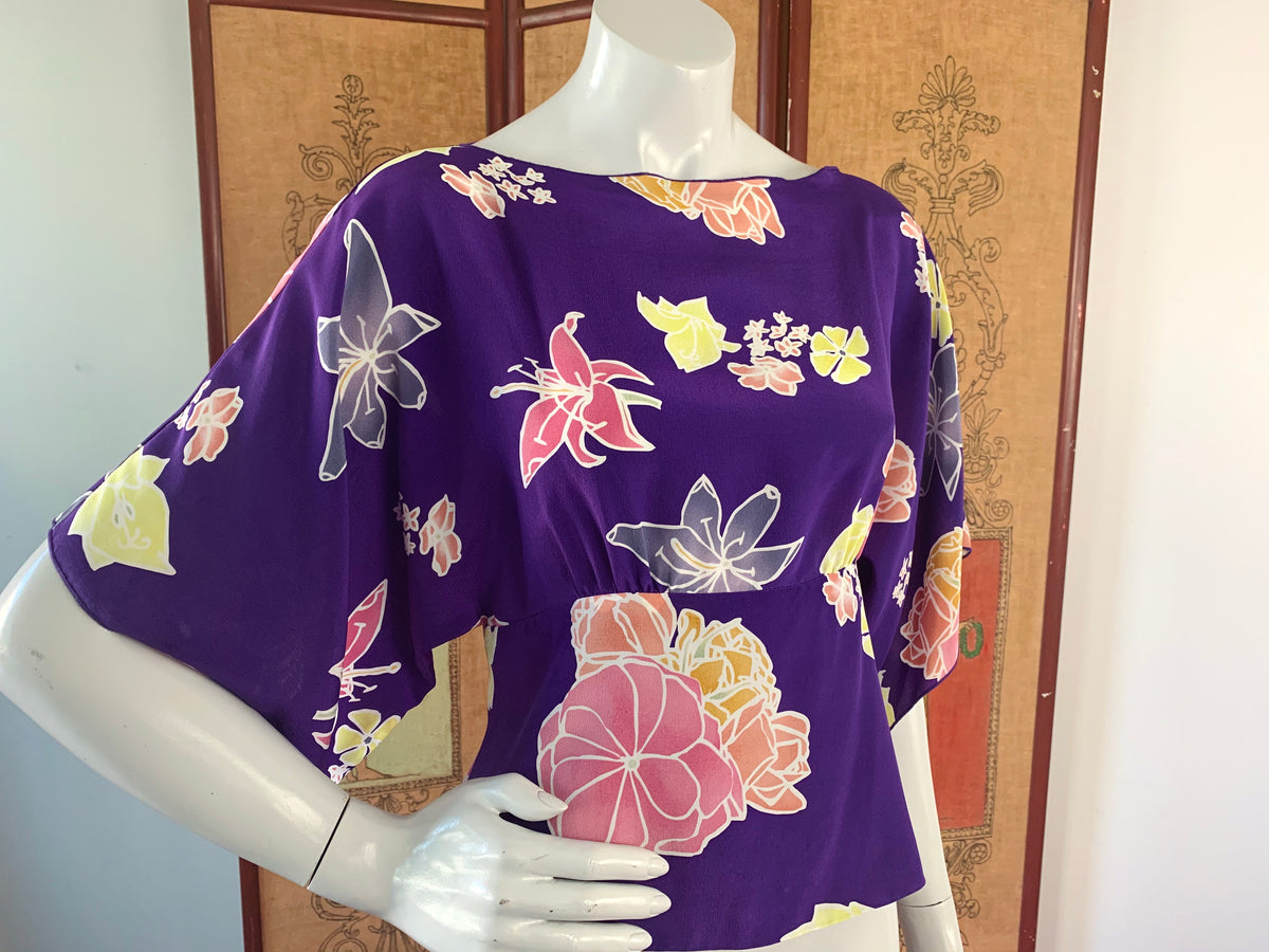 Anna Sui Purple Silk Floral Kimono Blouse — vintage Anna Sui top in purple