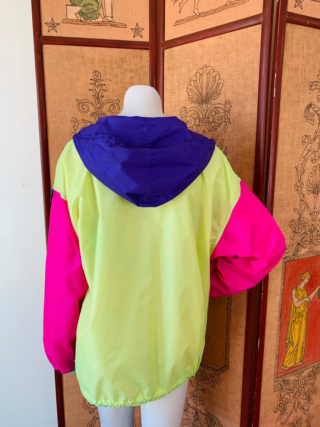 Colorblock Neon 90s Pullover Hooded Windbreaker — vintage 1990s knit in pink, green, purple