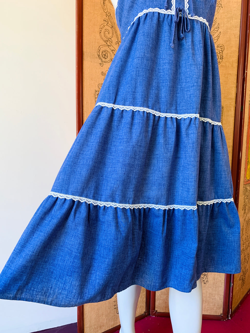 Blue 70s Tiered Halter Dress — vintage 1970s dress in blue