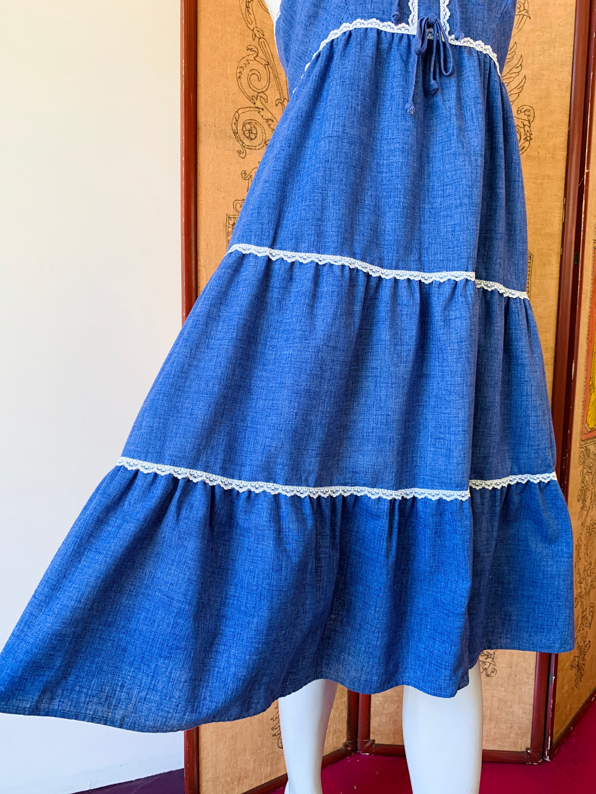 Blue 70s Tiered Halter Dress — vintage 1970s dress in blue