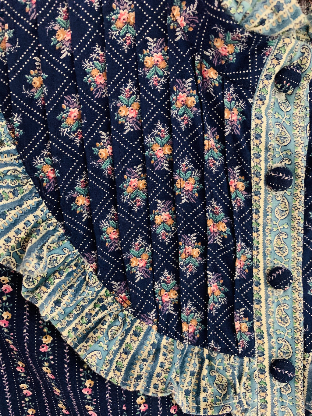 Blue Floral 1970s xs Handmade Pintuck Prairie Dress — vintage 1970s dress in blue
