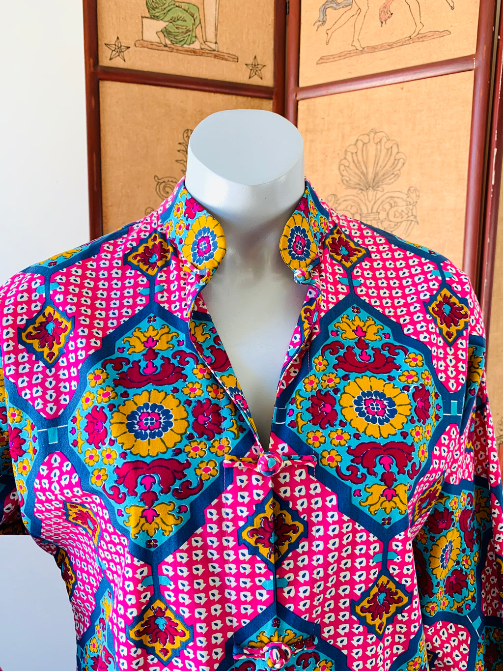 1970s Thai Wild Print Cotton Caftan with Frog Closures — vintage 1970s dress in pink