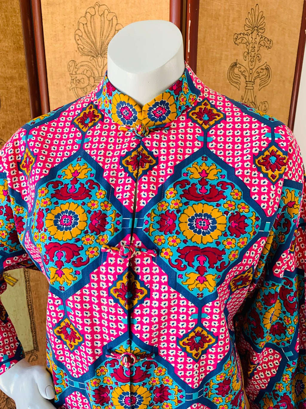 1970s Thai Wild Print Cotton Caftan with Frog Closures — vintage 1970s dress in pink