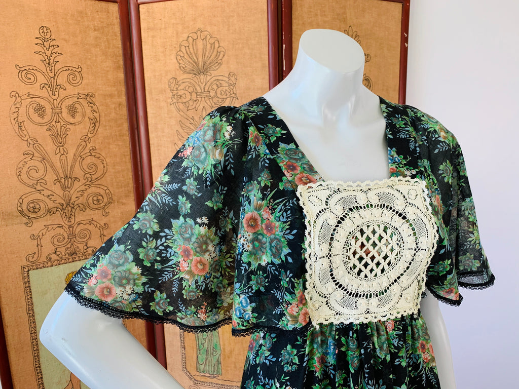 Crochet Detailed 1970s Midnight Floral Flutter Sleeve Maxi Dress — vintage 1970s Candi Jones dress in black
