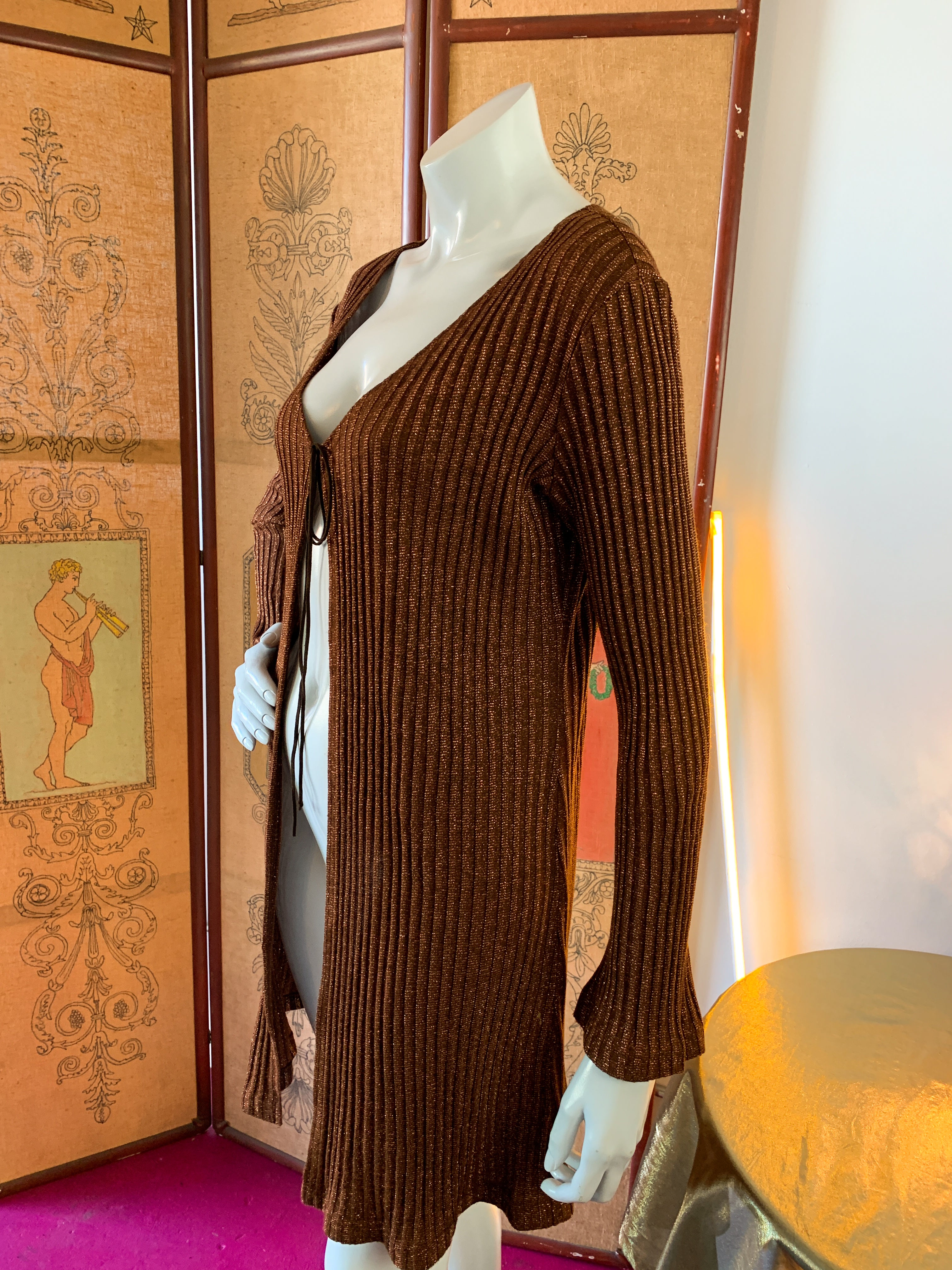 Groove is in the Heart 1990s Ribbed Metallic Copper Bell Sleeve Cardigan — vintage 1990s knit in brown