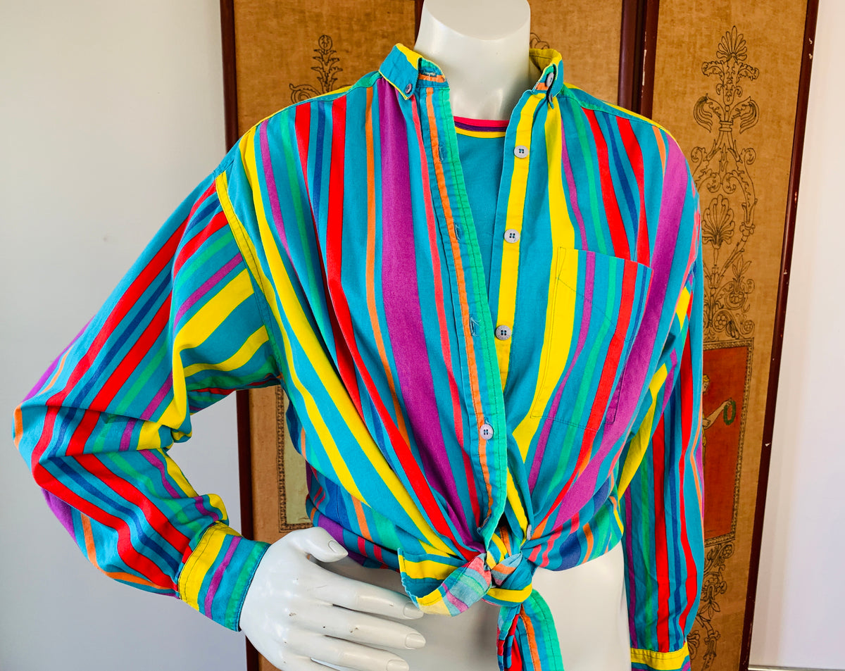 Striped Esprit Sport 90s Colorful Long Sleeve Button Up Shirt — vintage 1990s top in blue, multicolour