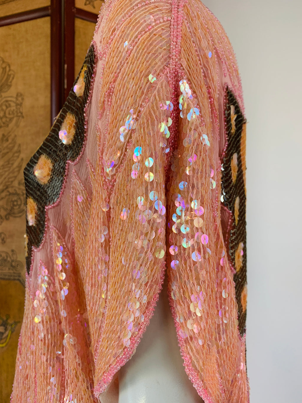 Pink Sequin Butterfly Silk Blouse — vintage 1980s top in pink