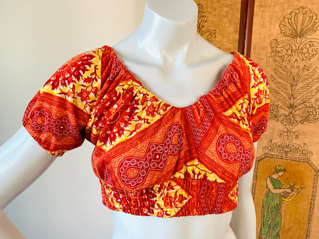 Peacock Print Firey Orange Crop Top — vintage top in orange