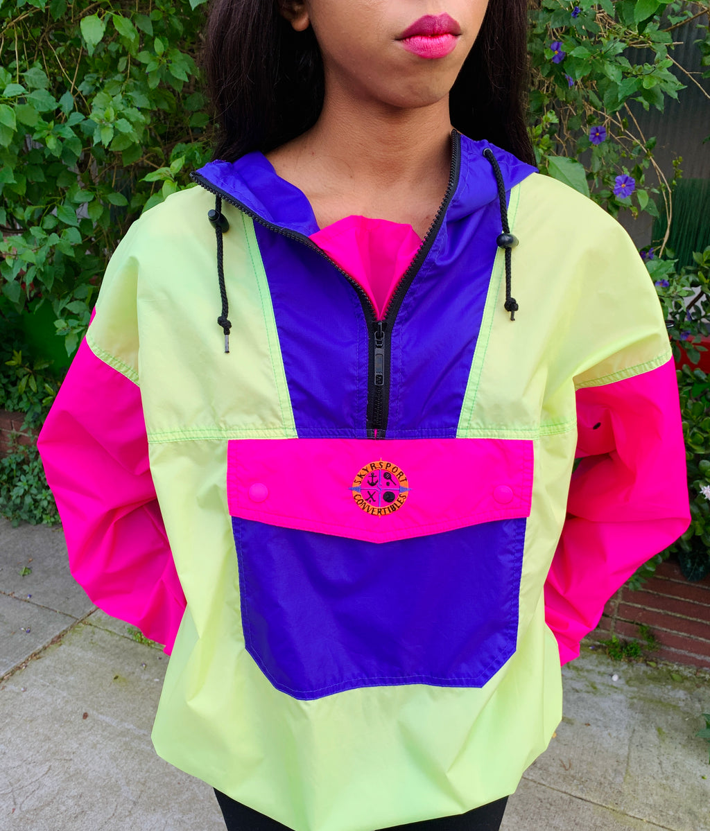 Colorblock Neon 90s Pullover Hooded Windbreaker — vintage 1990s knit in pink, green, purple