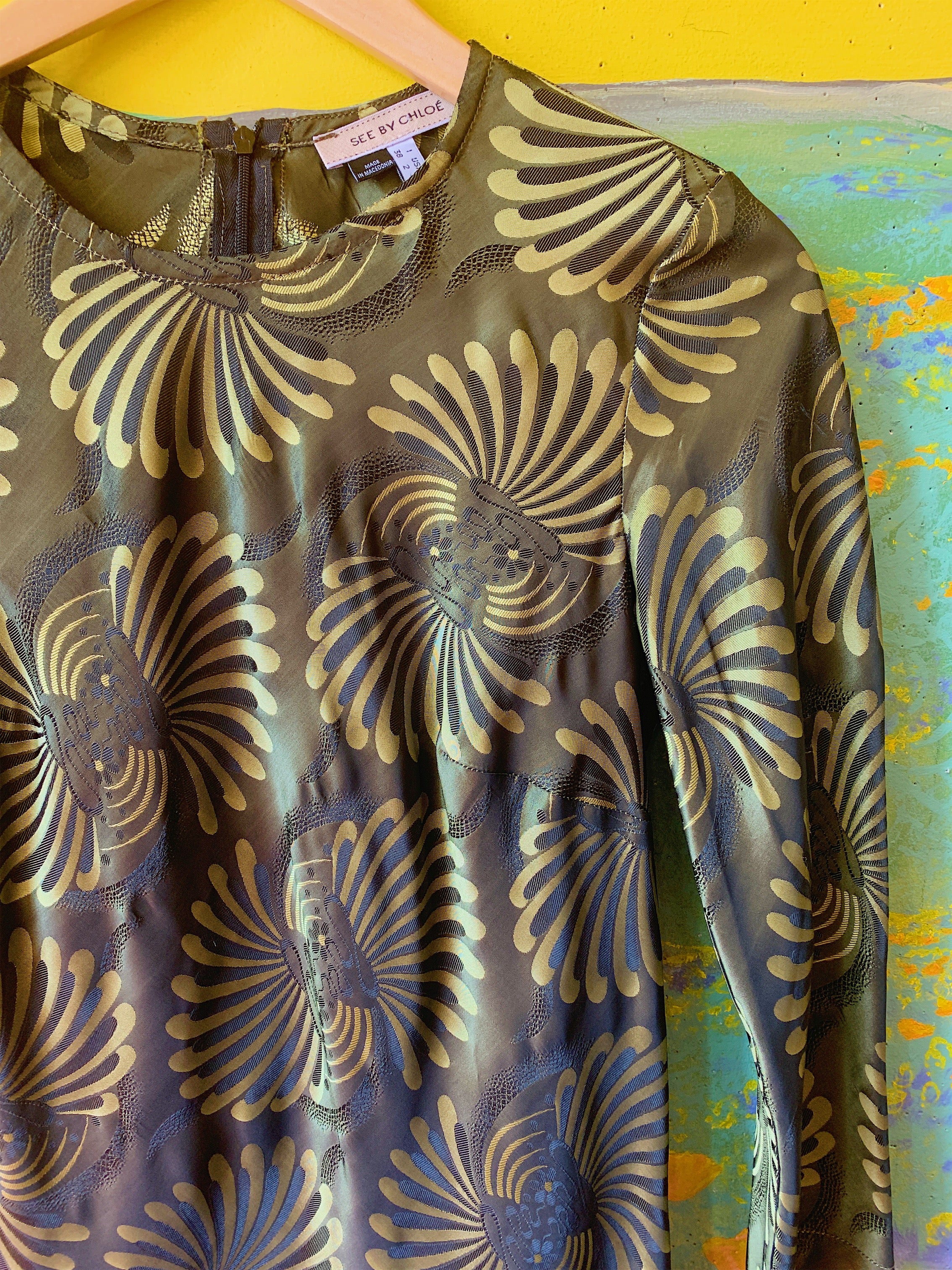 Psychedelic Metallic Olive "See by Chloé" Shift Dress — vintage 1990s dress in green, multicolour